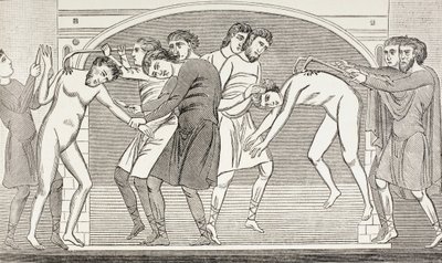 Die Heiligen Savin und Cyprian, deren Fleisch mit Eisenhaken von ihren Körpern gerissen wird. Nach einem Fresko aus dem 11. Jahrhundert in der Kirche von St. Savin, Vienne, Frankreich. von Paul Lacroix