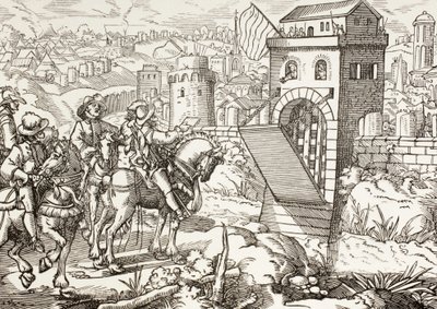 Belagerung einer Stadt. Die belagernde Armee liest die Bedingungen für die Kapitulation der Stadt und die Öffnung der Tore vor von Paul Lacroix