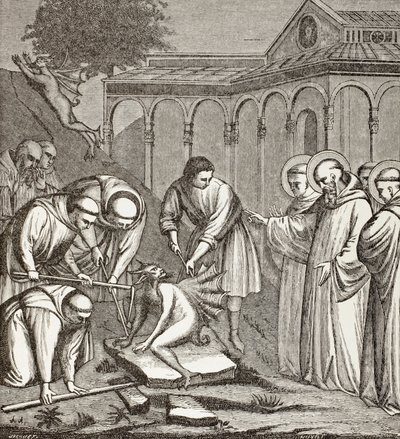 St. Benedikt und der Teufel. Als Benedikt eine Kapelle baute, saß der Teufel auf einem Stein und niemand konnte ihn bewegen, bis St. Benedikt den Stein segnete. Dann ergriff der Teufel die Flucht von Paul Lacroix