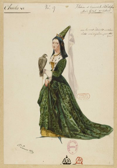 Isabelle de Bavière. Kostümentwurf für die Oper Charles VI von Fromental Halévy, 1843 von Paul Lormier