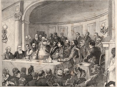 Der Anti-Sklaverei-Kongress, der am 21., 22. und 23. September 1890 in der Geographischen Gesellschaft in Paris in Anwesenheit von Jules Simon, Emile Keller und Monseigneur Lavigerie stattfand. Gravur nach einer Zeichnung von Paul Merwart in „The Illustrou von Paul Merwart