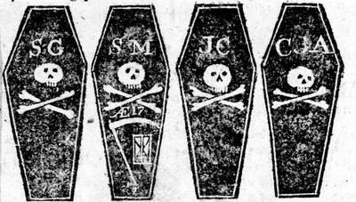 Zeichnung der vier Särge vom Massaker in Boston, gedruckt in der Boston Gazette, 12. März 1770 von Paul Revere
