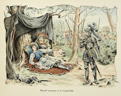 Illustration aus dem Buch „Histoire du chevalier Bayard“ von Theodore Cahu, illustriert von Paul De Semant (1855-1915): Bayard im Sterben und Le Connetable de Bourbon 1524 von Paul de Semant
