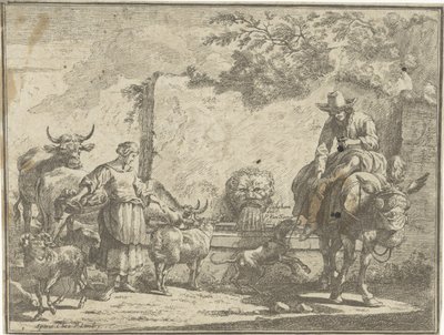 Frau und ein Mann auf einem Esel bei einer Wasserquelle von Paul van Somer (II)
