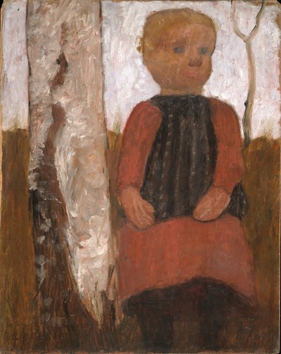 Kind im roten Kleid am Birkenstamm von Paula Modersohn-Becker
