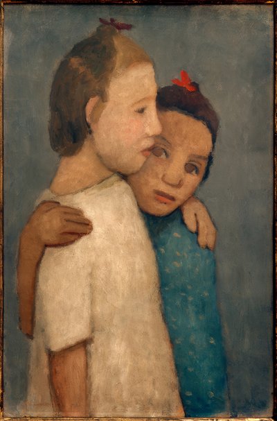 Zwei Mädchen in weißem und blauem Kleid, sich an der Schult von Paula Modersohn Becker