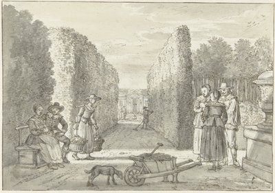 Verschiedene Personen in einem Garten mit hohen Hecken von Paulus Constantijn la Fargue