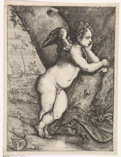 Amor sinnend an einem Baumstamm von Paulus Moreelse
