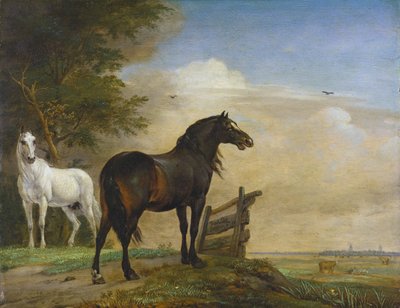 Zwei Pferde nahe einem Tor auf der Wiese von Paulus Potter