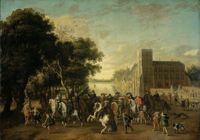 Prinz Maurits, begleitet von Prinz Frederik Hendrik, Friedrich V. von Böhmen und seiner Frau Elizabeth Stuart, und anderen, auf dem Buitenhof, Den Haag von Pauwels van Hillegaert