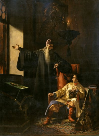Iwan der Schreckliche und der Priester Silvester während des Brandes von Moskau 1547 von Pavel Fyodorovich Pleshanov