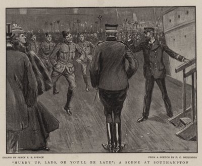 Beeilt euch, Jungs, sonst kommt ihr zu spät, eine Szene in Southampton von Percy F.S. Spence