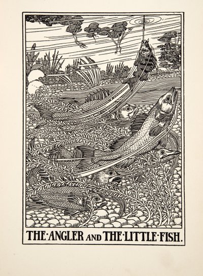 Der Angler und der kleine Fisch, aus Hundert Fabeln von Äsop, veröffentlicht 1903 (Gravur) von Percy J. Billingshurst