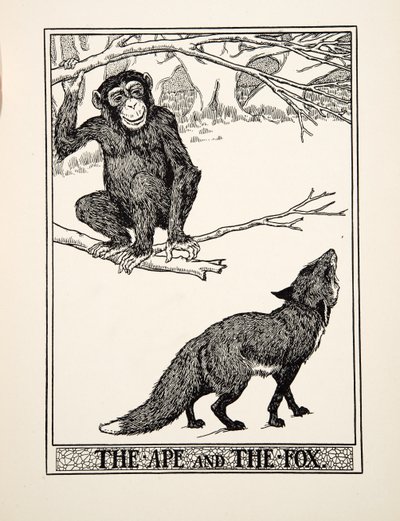 Der Affe und der Fuchs, aus Hundert Fabeln von Äsop, veröffentlicht 1903 (Gravur) von Percy J. Billingshurst