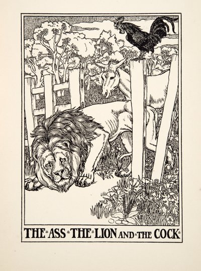Der Esel, der Löwe und der Hahn, aus Hundert Fabeln von Aesop, veröffentlicht 1903 von Percy J. Billingshurst