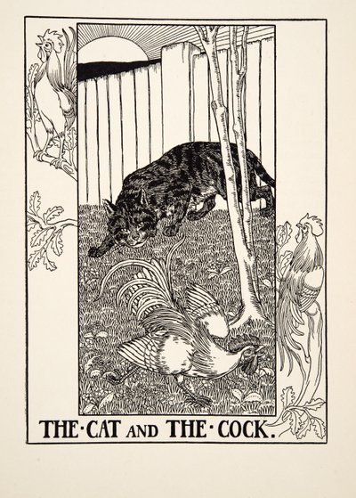 Die Katze und der Hahn, aus Hundert Fabeln von Äsop, veröffentlicht 1903 von Percy J. Billingshurst