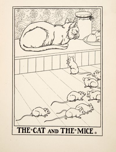 Die Katze und die Mäuse, aus Hundert Fabeln von Äsop, veröffentlicht 1903 (Gravur) von Percy J. Billingshurst