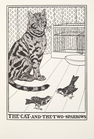 Die Katze und die zwei Spatzen, aus Fontaine Fabeln, veröffentlicht 1905 von Percy J. Billingshurst