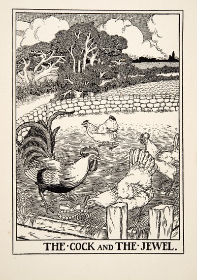Der Hahn und das Juwel, aus Hundert Fabeln von Äsop, veröffentlicht 1903 von Percy J. Billingshurst