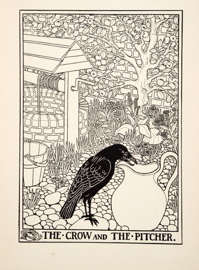 Die Krähe und der Krug, aus Hundert Fabeln von Aesop, veröffentlicht 1903 von Percy J. Billingshurst
