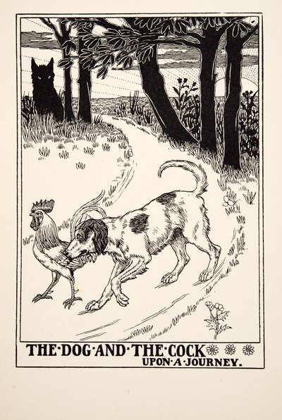 Der Hund und der Hahn auf einer Reise, aus Hundert Fabeln von Äsop, veröffentlicht 1903 von Percy J. Billingshurst