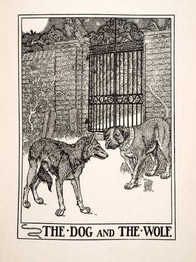 Der Hund und der Wolf, aus Hundert Fabeln von Äsop, veröffentlicht 1903 (Gravur) von Percy J. Billingshurst