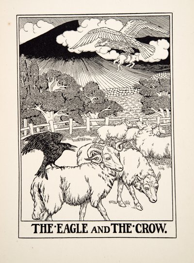 Der Adler und die Krähe, aus Hundert Fabeln von Äsop, veröffentlicht 1903 von Percy J. Billingshurst