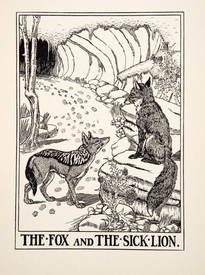 Der Fuchs und der kranke Löwe, aus Hundert Fabeln von Äsop, veröffentlicht 1903 (Gravur) von Percy J. Billingshurst