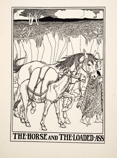 Das Pferd und der beladene Esel, aus Hundert Fabeln von Äsop, veröffentlicht 1903 (Gravur) von Percy J. Billingshurst
