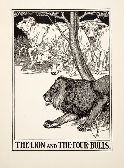 Der Löwe und die vier Stiere, aus Hundert Fabeln von Äsop, veröffentlicht 1903 (Gravur) von Percy J. Billingshurst