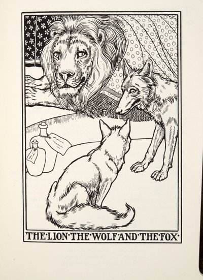 Der Löwe, der Wolf und der Fuchs, aus Fontaine Fabeln, veröffentlicht 1905 von Percy J. Billingshurst