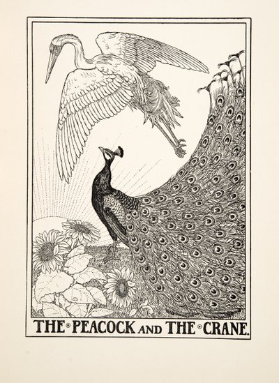 Der Pfau und der Kranich, aus Hundert Fabeln von Aesop, veröffentlicht 1903 von Percy J. Billingshurst