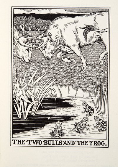 Die zwei Stiere und der Frosch, aus Fontaine Fabeln, veröffentlicht 1905 von Percy J. Billingshurst