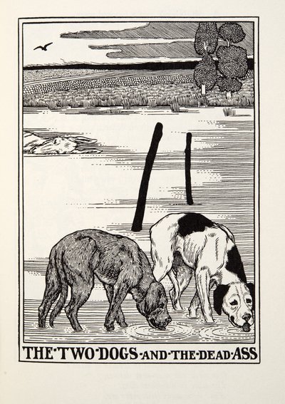 Die zwei Hunde und der tote Esel, aus Fontaine Fabeln, veröffentlicht 1905 von Percy J. Billingshurst