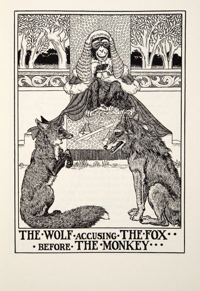 Der Wolf verklagt den Fuchs vor dem Affen, aus Fontaine Fables, veröffentlicht 1905 von Percy J. Billingshurst