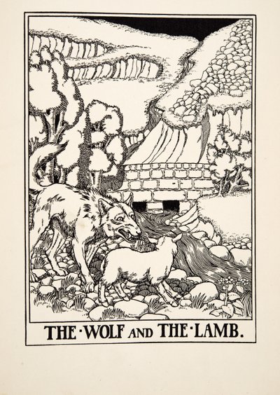 Der Wolf und das Lamm, aus Hundert Fabeln von Äsop, veröffentlicht 1903 von Percy J. Billingshurst