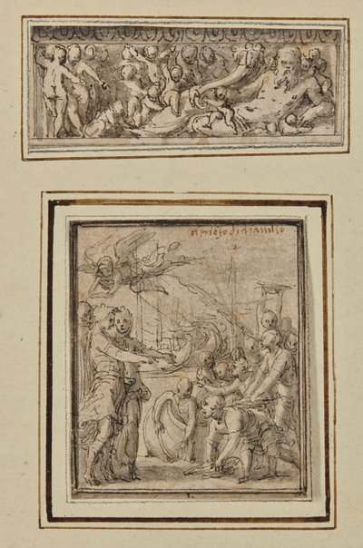 Flussgott umgeben von Putti; und Triumph des Marcus Furius Camillus von Perino del Vaga