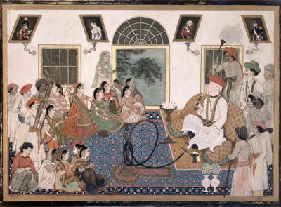 Ein Europäer, wahrscheinlich Sir David Ochterlony (1758-1825), in indischer Kleidung, raucht eine Wasserpfeife und beobachtet einen Nautch in seinem Haus in Delhi, c.1820 von Persian School