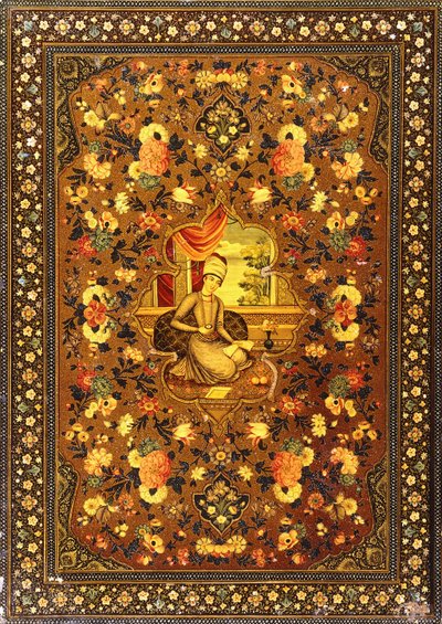 Ein Zand-Buchdeckel mit einer zentral sitzenden Figur im Inneren, umgeben von Blumensprays, Mitte 18. Jahrhundert von Persian School