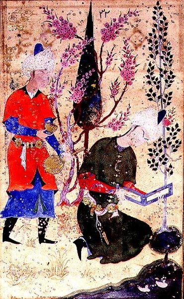 Ein sitzender Prinz liest, während ein Diener Wein serviert, aus der Tohfat Al-Ahrar, Bokhara-Schule von Persian School