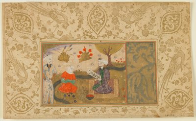 Seite aus einem unidentifizierten Text; Eine Frau spricht mit einem sitzenden Mann an einem Bach, Iran, ca. 1500 von Persian School
