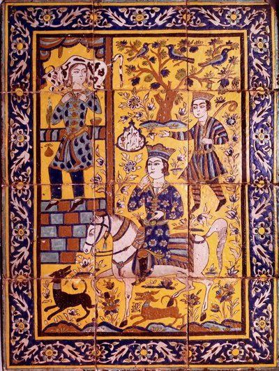 Gulendam wird für eine ungeschickte Bemerkung, die sie Vahram V Gour (Nachtkerze) (oder Bahram Gur oder Gor), Sassanidenkönig von Persien, gemacht hat, vergeben, der einen Ochsen auf ihrer Schulter trägt. Mosaikplatten, die eine Episode des "Shahnameh" (Sh von Persian School