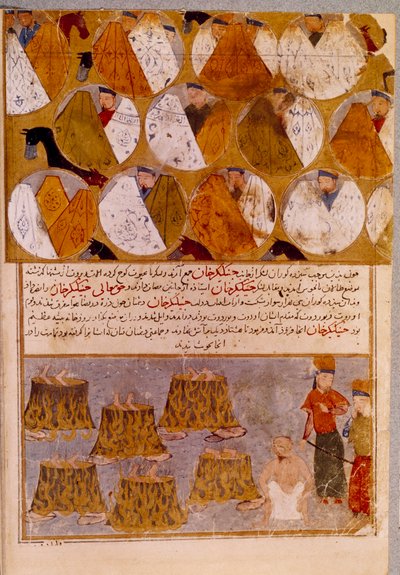 Mongolische Zelte und Gefangene von Dschingis Khan (1162-1227): Dschingis Khan lässt die Anhänger von Djamuqua, einem Mongolen des Jadjirat-Stammes, in Kessel werfen. Persische Miniatur aus 