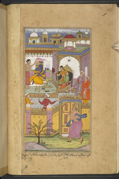 Bhima kommt im Schloss von Dvaraka an, um Krishna zur ‚asvamedha‘ einzuladen. Krishna, der mit seiner Frau Satyabhama zusammen ist, tut so, als ob er nichts hört. (Bhawani) aus dem 