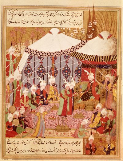 Or.1359 fol. 35 v. Sultan Bayazid von Timur gefangen genommen, 1402 aus dem Zafarnama 1533 von Persian School