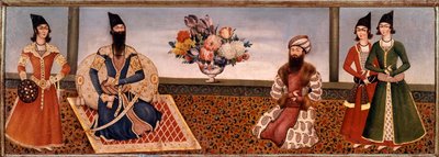 Persischer König Fath Ali Shah (1771-1834) umgeben von Mitgliedern seines Hofes. Gemälde der Shiraz-Schule (19. Jahrhundert), Teheran, Foroughi-Sammlung von Persian School