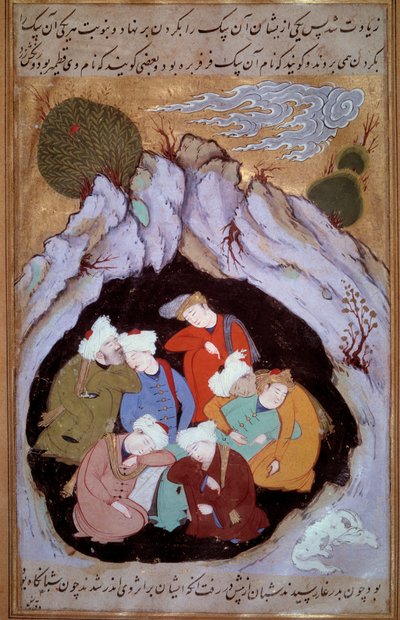 Die sieben Schläfer von Ephesus. Miniatur aus einem persischen Manuskript des 16. Jahrhunderts von Persian School