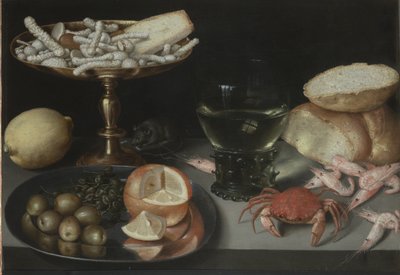 Stillleben mit Früchten, Süßigkeiten, Krustentieren, einem Glas und einer Maus, ca. 1620 von Peter Binoit