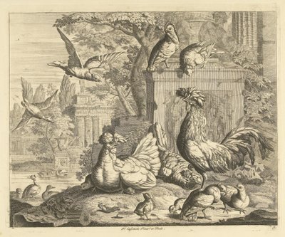 Hahn, Henne mit Küken und andere Vögel in einem Garten mit antiken Ruinen von Peter Casteels (III)