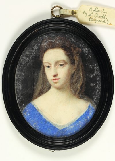 Eine Dame im blauen Mieder mit brauner Haube (Aquarell auf Pergament) von Peter Cross